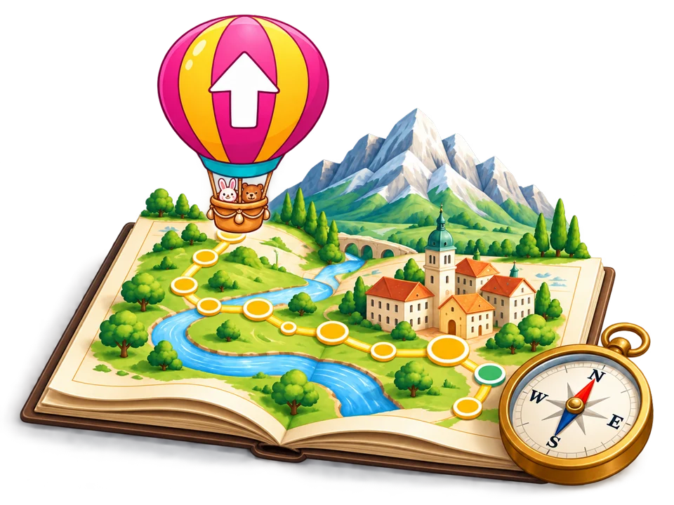 Ein geöffneter Reiseatlas mit Berglandschaft, Kompass und dem bunten Knobelreise-Ballon.