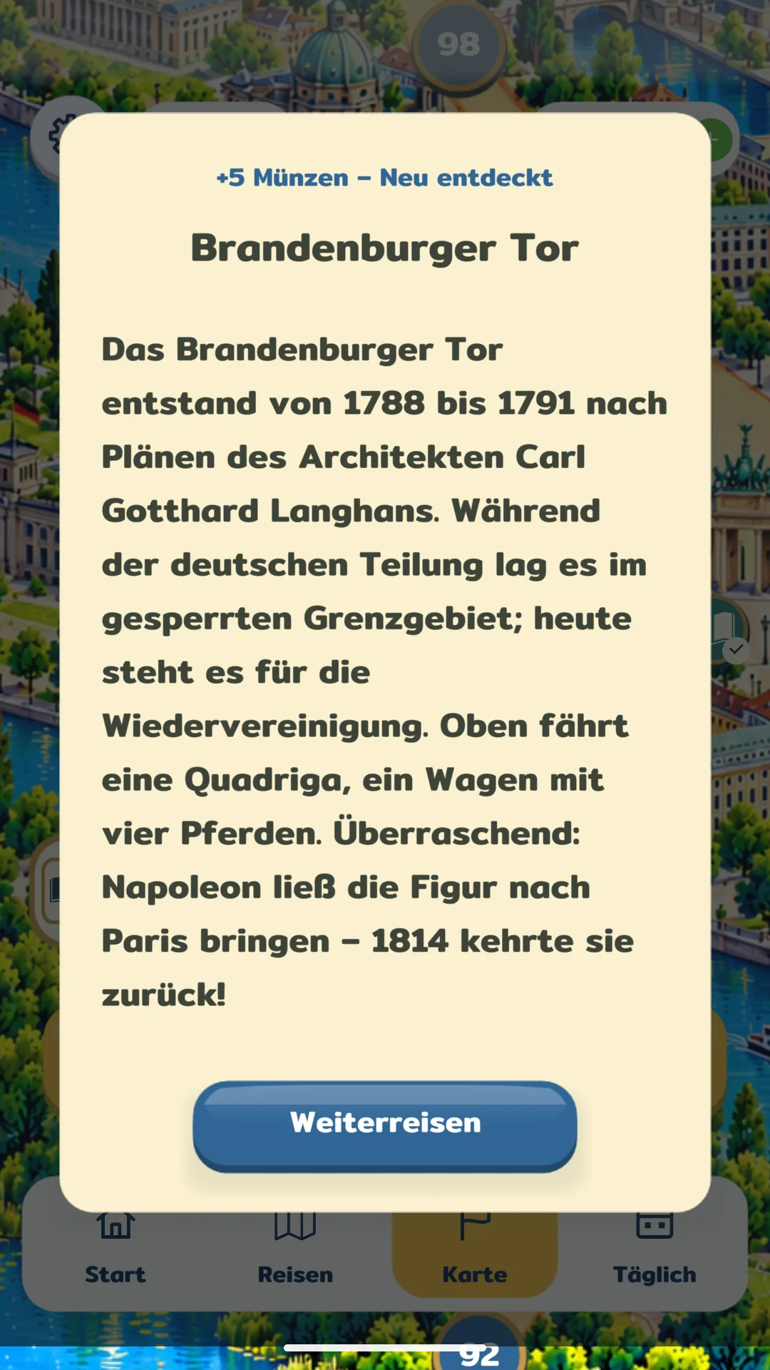 Ein geöffnetes Entdeckerpanel mit Wissenswertem über Berlin.
