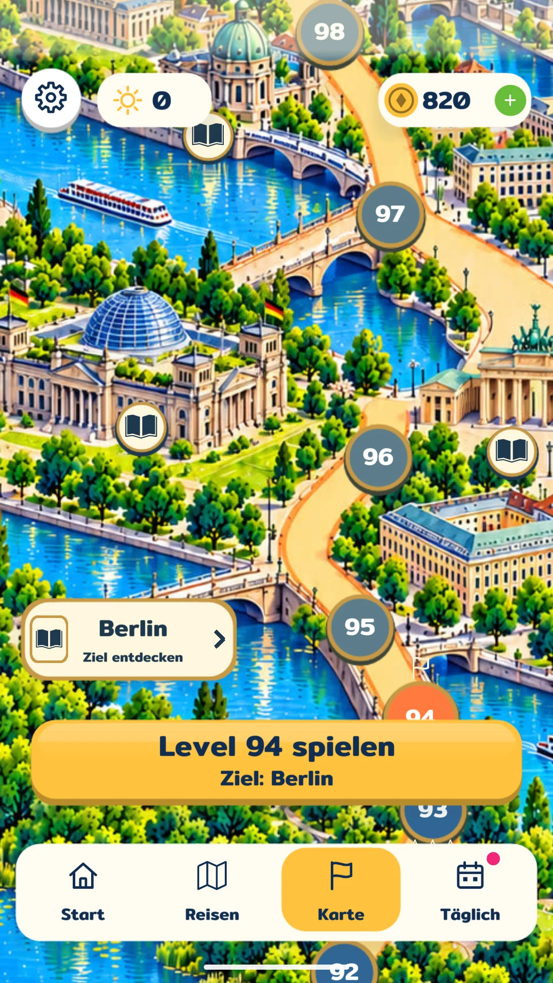 Die illustrierte Reisekarte mit Levelpunkten und dem Reiseziel Berlin.